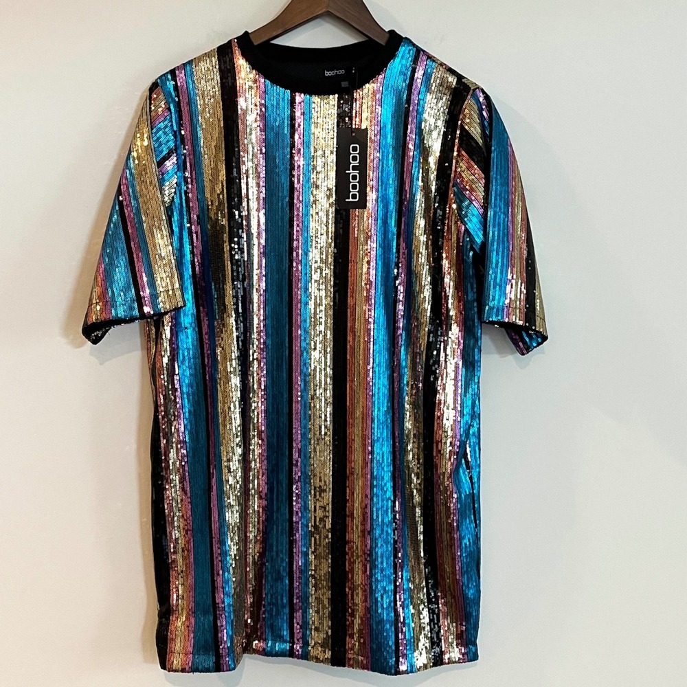 Boohoo Women Sequin Stripe Mini Shirt Dress Short Sleeve Multicolored Size 6 NWT